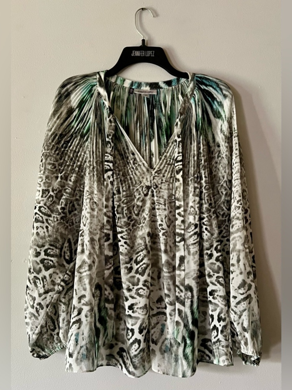 Jennifer Lopez Pleated Chiffon Peasant Blouse - Multicolor Snow Leopard